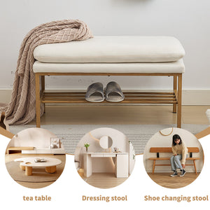English Elm End of Bed Bench with Shelf - Linen Upholstered Storage Shoe Ottoman, Modern Metal Legs, 300 LB Capacity Beige W2725P207296