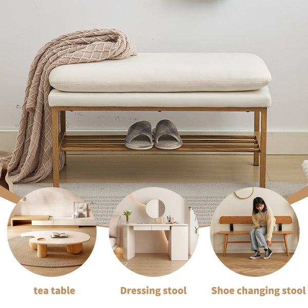 English Elm End of Bed Bench with Shelf - Linen Upholstered Storage Shoe Ottoman, Modern Metal Legs, 300 LB Capacity Beige W2725P207296