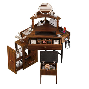 English Elm Corner Vanity Desk Set with Stool Charging Station Glass Top Pull-Out Cabinet Jewelry Organizer Walnut 35.82 L x 32 W x 8 H N733P336237D