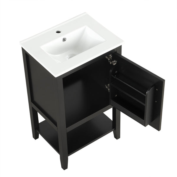 English Elm 20" Matte Freestanding Bathroom Vanity Rubberwood Cabinet Ceramic Sink Open Shelf Black N725P391115B
