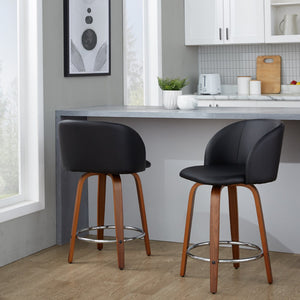 English Elm Fixed-height Swivel Counterstools with Walnut Legs Tufted Faux Leather Seat Set of 2 B202S01744