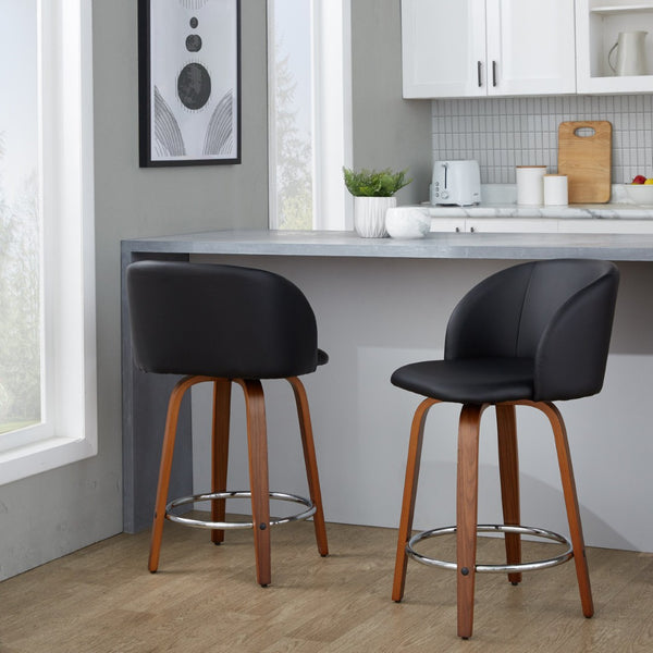 English Elm Fixed-height Swivel Counterstools with Walnut Legs Tufted Faux Leather Seat Set of 2 B202S01744