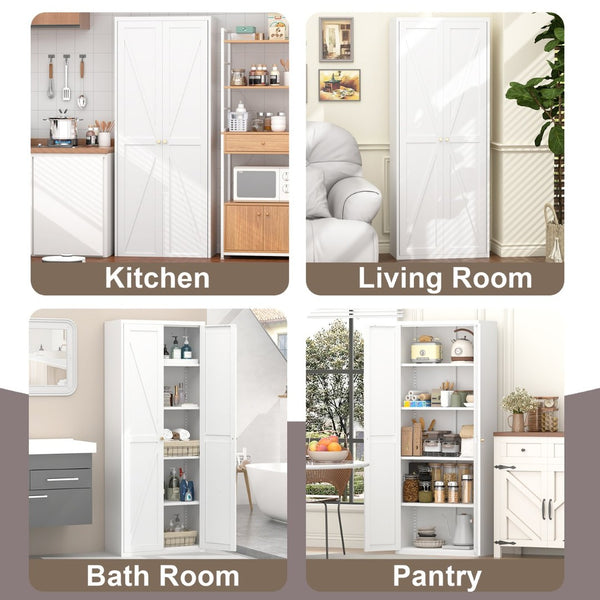 English Elm 2 Door Steel Pantry Cabinet Powder Coated Finish Gold Hardware Adjustable Shelves Tall Storage White T3625P366652