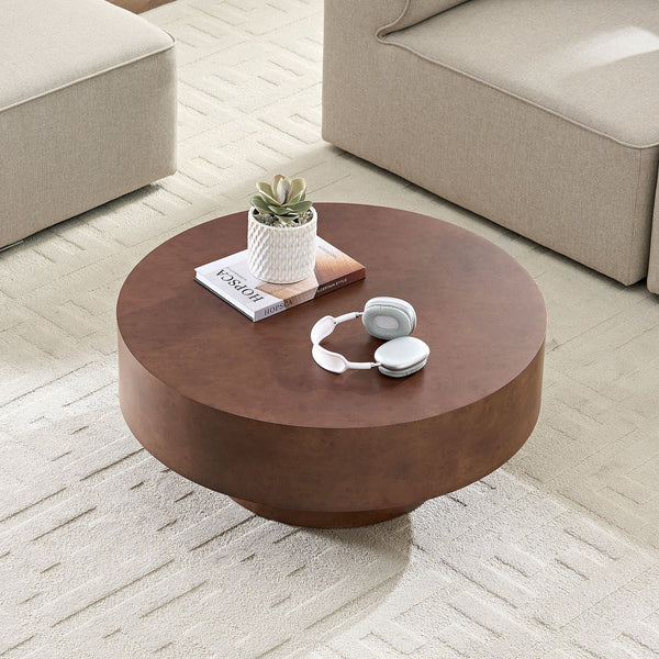 English Elm 31.49''Faux Burl Veneer Coffee Table — 31.49" Round Walnut Pedestal, Mid-Century Modern, Stable Small Space Answer W876P362403