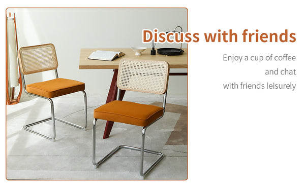 English Elm Dining Velvet Rattan Cantilever Chairs Set of 2 - Mid-Century Chrome Legs, Breathable Upholstered Orange W2105P263404