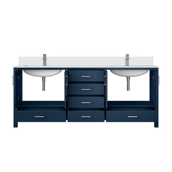 English Elm Navy Double Bath Vanity 80" W x 22" D with White Quartz Top, 2 Cabinets, 6 Drawers, Chrome Faucet B2731P259140