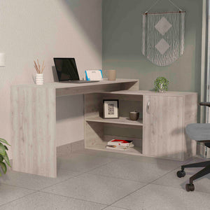 English Elm Antlia Beige L-Shaped Writing Desk with Cabinet & Two Shelves, Space-Saving Particleboard Design B128S00161