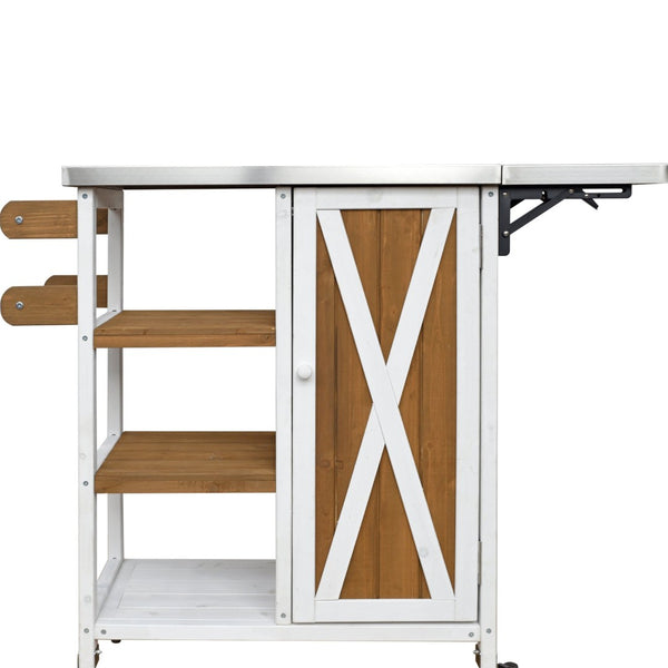 English Elm Foldable Outdoor Kitchen Cart with Stainless Worktop Fir Wood Frame and Lockable Wheels Brown+White N719P380281Z