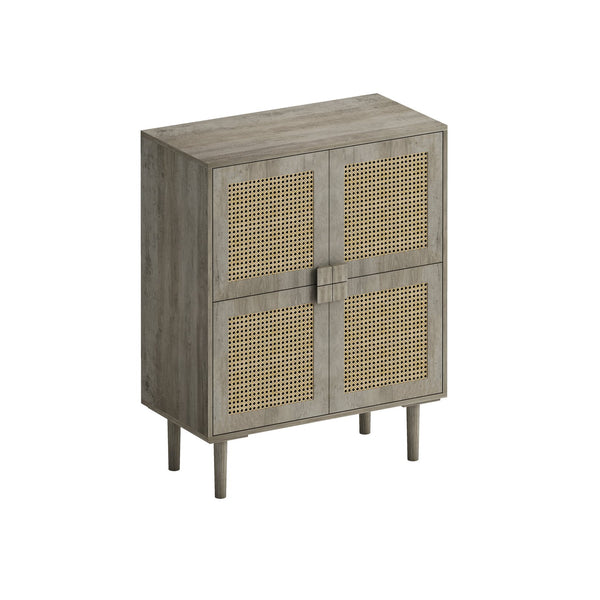 English Elm 4-Doors Rattan Mesh Storage Cabinet with Solid Wood Legs and Adjustable Shelves for Stylish Organization Grey W757P198557
