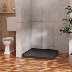 English Elm Goodyo Acrylic Corner Shower Base with Slate Texture Anti-slip Surface Center Drain D163121900