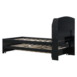 English Elm Twin LED Platform Bed with Trundle and Under-Storage Drawers, Flip-Up Headboard, USB Ports Espresso N820S10008D