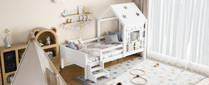 English Elm Full Bunk Bed with Trundle Bookshelf Storage Pine Frame Car Design for Kids Light White W1580S00293