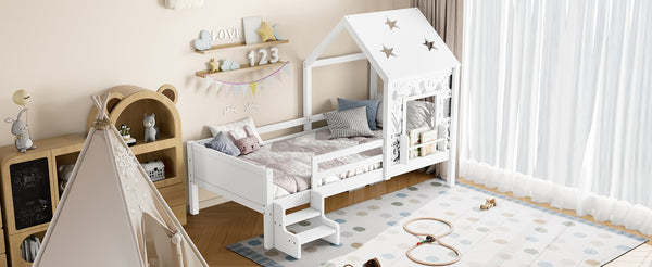 English Elm Full Bunk Bed with Trundle Bookshelf Storage Pine Frame Car Design for Kids Light White W1580S00293