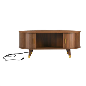 English Elm Wooden Fluted Farmhouse TV Stand & Coffee Table Set with Charging Station, Mid-Century Oval Design Walnut N721S000049D