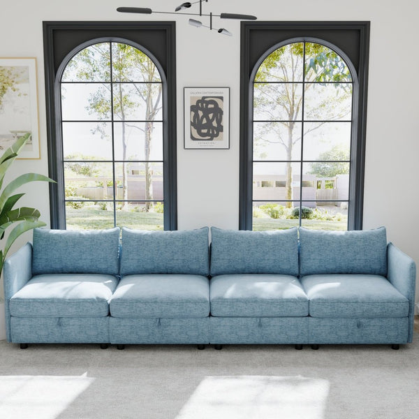 English Elm Modular Sectional Sofa Set with Hidden Storage Pocket Spring Living Room Couch Antique Blue W680S00141