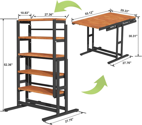 English Elm Extendable Convertible Shelf-to-Table Dining Table with Mahogany Wood & Metal Frame for Small Spaces W3128P281270