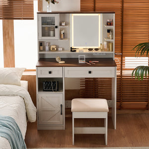 English Elm Farmhouse Makeup Vanity Desk with Lighted Mirror, Built-In Charging Station, Ample Storage and Stool White N844P291652M