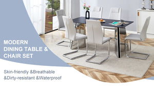 English Elm Table Set With Black Marble Top & Stainless Steel Legs - 6 Light Gray Pu Chairs For Modern Dining W1151S01964-GIGA