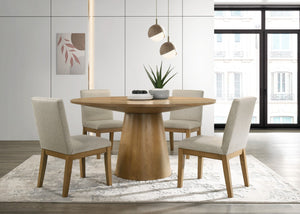 English Elm Jacopo Round Pedestal Dining Set Five Piece Ebony Black with Beige Upholstered Chairs B2749S00292