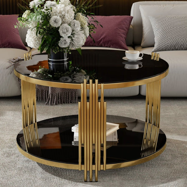 English Elm Modern Round Coffee Table Black Tempered Glass Top Gold Drum Base Living Room Glam N735P177478B