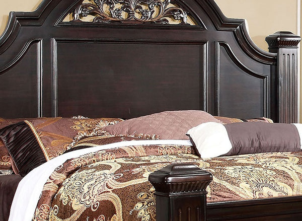 English Elm California King Bed with Floral Paneled Headboard and Footboard, Antique Brass Handles, Elegant Design Dark Walnut 90.5 L x 7.5 W x 6 H B2741S00046