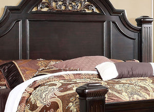 English Elm Queen Panel Bed with Floral Paneled Headboard & Footboard, Dark Walnut Finish, Antique Brass Accents B2741S00045