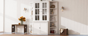 English Elm 75.25'' Retro-Modern Wall Suit with Glass Doors and Twin Triangle Bookshelves, White Display Cabinet Set SUIT01_N845P263124W