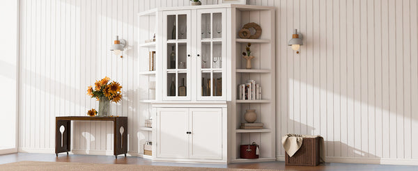 English Elm 75.25'' Retro-Modern Wall Suit with Glass Doors and Twin Triangle Bookshelves, White Display Cabinet Set SUIT01_N845P263124W