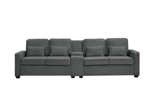 English Elm 114" Modern Upholstered Sofa with Console, Built-In USB & Cupholders, Durable Linen Fabric Comfort Dark Gray W2353S00004