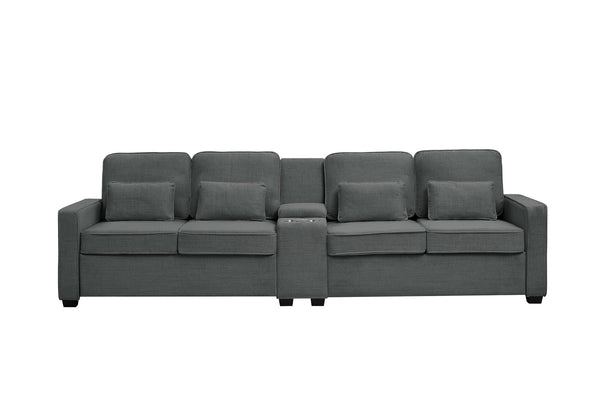 English Elm 114" Modern Upholstered Sofa with Console, Built-In USB & Cupholders, Durable Linen Fabric Comfort Dark Gray W2353S00004