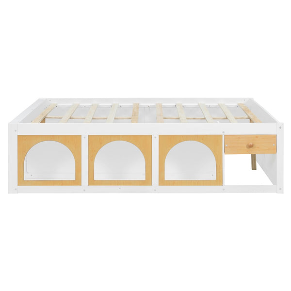English Elm Full Size Kids Platform Bed with Led Lighting Bookshelf Display Cabinet and Storage Drawer White+Natural N820S00077K