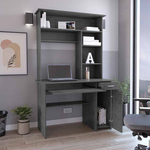 English Elm Compu Engineered Wood Hutch Desk with Keyboard Tray, CPU Door Panel, Five Shelves & Drawer Smoke Grey 35 L x 24 W x 5 H B097S00146