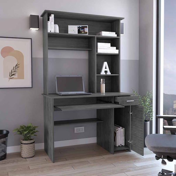 English Elm Compu Engineered Wood Hutch Desk with Keyboard Tray, CPU Door Panel, Five Shelves & Drawer Smoke Grey 35 L x 24 W x 5 H B097S00146