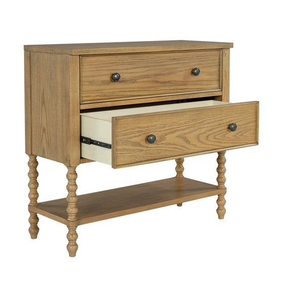 English Elm 2 Drawer Accent Chest Camel Oak Finish Solid Wood Legs MDF Oak Veneer Top Spacious Drawers Sturdy Shelf 36" B035P262688