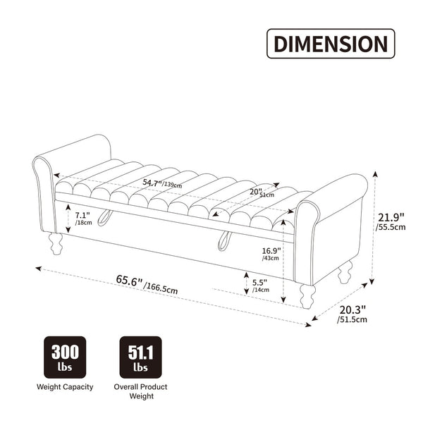 English Elm 65.55" Wide Greige Napped Fabric Storage Bench with Lift Top and Walnut Rubberwood Legs W3098P397305