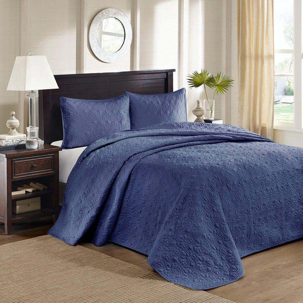 JLA Home Madison Park - 3 Reversible Bedspread Set with Quilted Stitch Texture, Oversized Drape, Antimicrobial Soft Cotton Fill White MP13-6129
