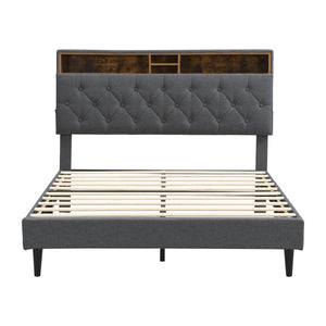 English Elm KING Upholstered Platform Bed Frame with Button-Tufted Linen Headboard, USB Ports, Storage Pockets, Dark Gray W311P285483