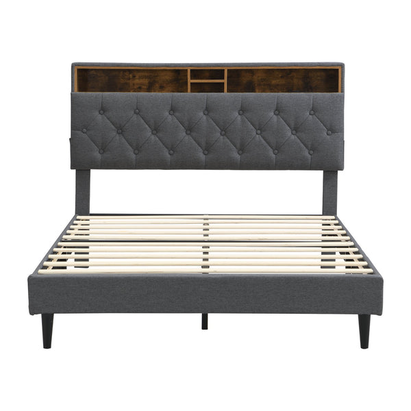 English Elm KING Upholstered Platform Bed Frame with Button-Tufted Linen Headboard, USB Ports, Storage Pockets, Dark Gray W311P285483