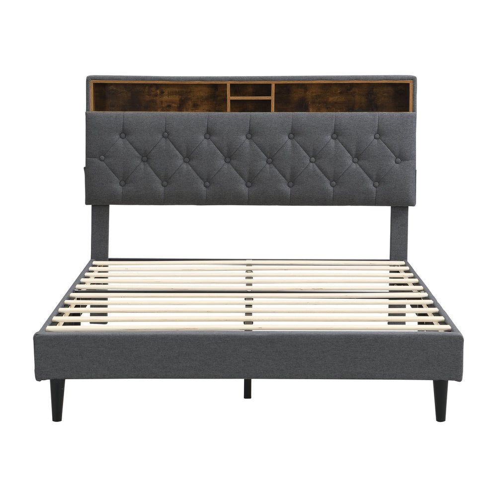 English Elm Queen-Size Upholstered Platform Bed Frame with Button-Tufted Linen Headboard, Built-In USB Hub and Storage Dark Gray W311P285482