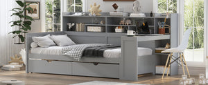 English Elm Wooden Twin Daybed with Built-In Desk, Side Shelves and Dual Drawers for Smart Space Saving Gray 54.9 L x 18.75 W x 5.6 H N733S241484E