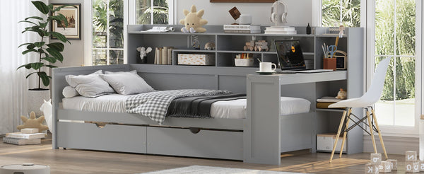 English Elm Wooden Twin Daybed with Built-In Desk, Side Shelves and Dual Drawers for Smart Space Saving Gray 54.9 L x 18.75 W x 5.6 H N733S241484E