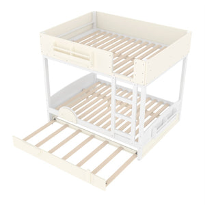 English Elm Full Bunk Bed with Trundle Bookshelf Storage Pine Frame Car Design for Kids Beige+White W1580S00444