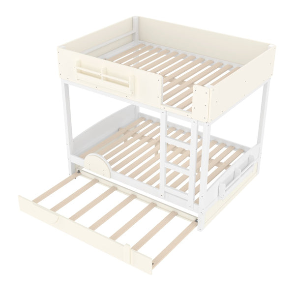 English Elm Full Bunk Bed with Trundle Bookshelf Storage Pine Frame Car Design for Kids Beige+White W1580S00444