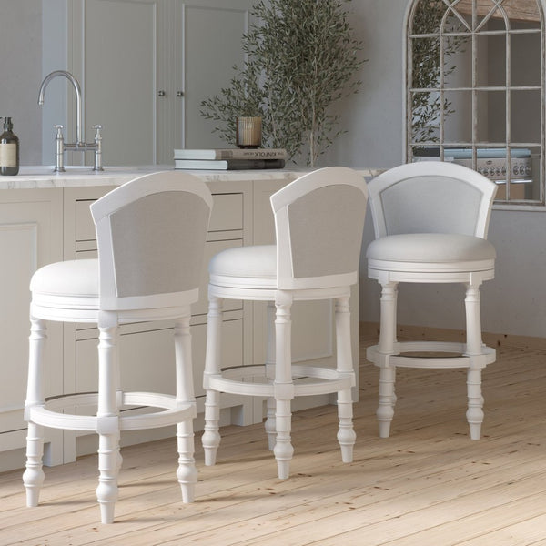 English Elm 26" Farmhouse Barrel Back Swivel Counterstool Upholstered Wood Frame Kitchen Island Seating White B2751P436469