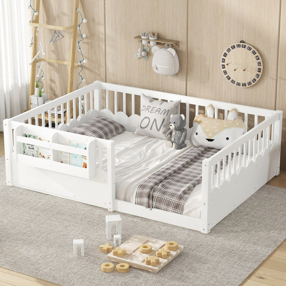 English Elm Twin Low Profile Kids Floor Bed Pine Wood Frame with Safety Rail and Built in Bookshelf White W1580P373138