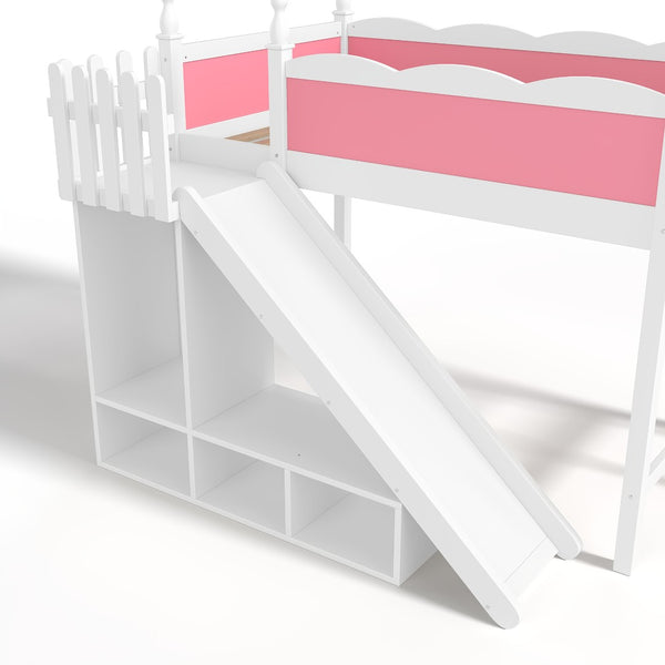 English Elm Twin Loft Bed Solid Pine Frame with Wardrobe Shelving Detachable Slide Kids Room Pink+White W5305S00016