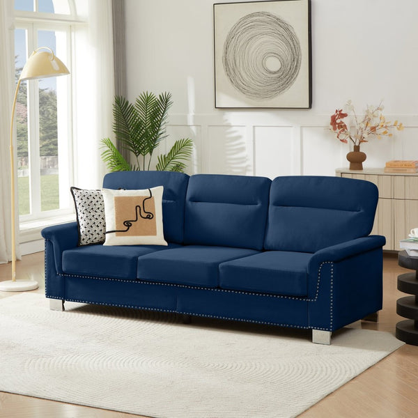 English Elm 82" Chesterfield Snowfleece Upholstered 3-seat Sofa Nailhead Trim Plush Living Room Blue W1359P386025
