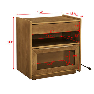 English Elm Mid Century Modern Nightstand With Charging Station, 2 Drawers & Open Shelf For Stylish Storage Solutions W1801P303392