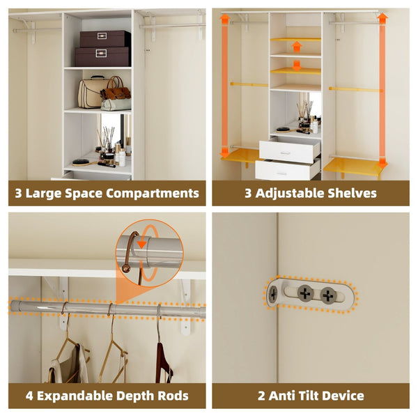 English Elm Closet Organizer System with Mirror Vanity Stool 4 Drawers and Adjustable Hanging Rods B2770P495384