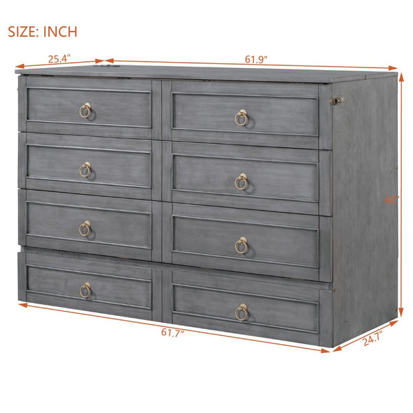 English Elm Queen Murphy Wall Bed with Rattan Panel Cabinet and Storage Drawers for Studio Rooms Gray LP000676AAE